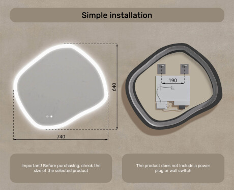 Irregular Illuminated Bathroom Mirror 84x74 cm with Dual Light Color, Touch Switch and Heating Mat #7