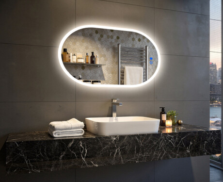 Oval Illuminated Bathroom Mirror 80x50/50x80 cm with Dual Color, Touch Switch and Heating Mat