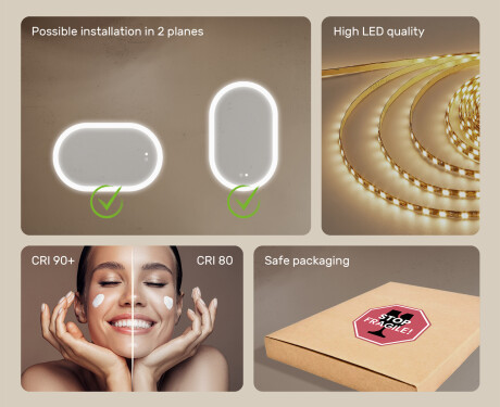 Oval Illuminated Bathroom Mirror 80x50/50x80 cm with Dual Color, Touch Switch and Heating Mat #5