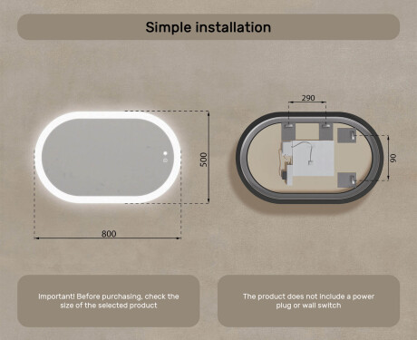 Oval Illuminated Bathroom Mirror 80x50/50x80 cm with Dual Color, Touch Switch and Heating Mat #7