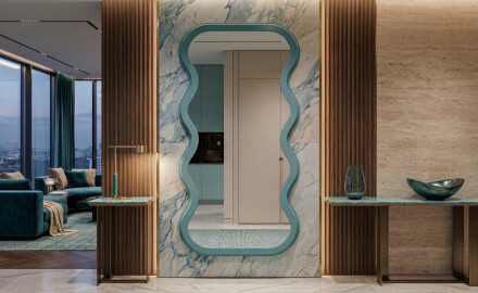 Mirror with an irregular outline in a lacquered HORIZON MDF frame