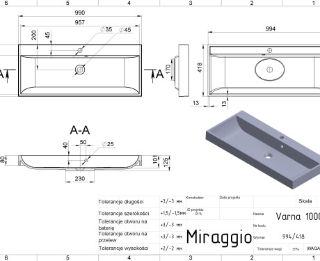 VARNA 1000 MATT washbasin