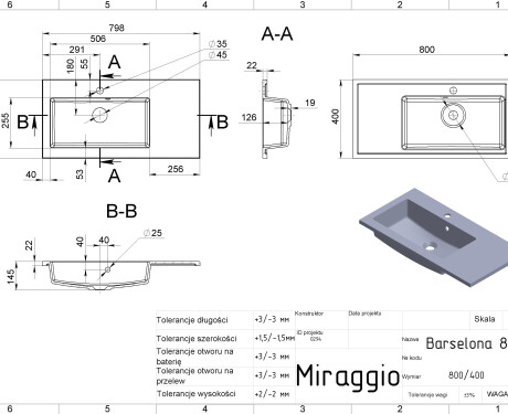 BARCELONA 800 L MATT washbasin