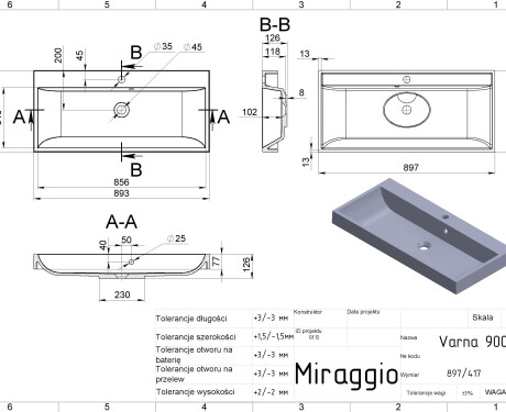 VARNA 900 MIRASOFT washbasin