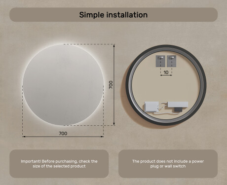 Round Backlit LED Bathroom Mirror 70cm with cool LED color 7000K, warm color 3000K, or neutral color 4500K #7
