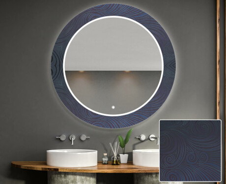 Round Decorative Mirror With LED Lighting For The Bathroom - Blue Drawing