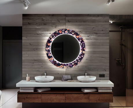 Round Decorative Mirror With LED Lighting For The Bathroom - Elegant Flowers #10
