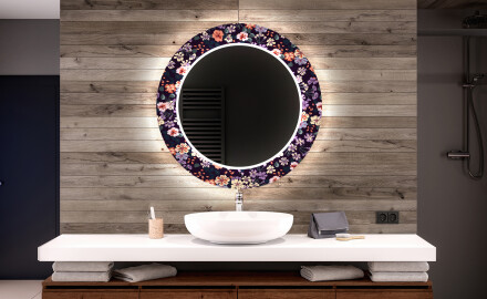 Round Decorative Mirror With LED Lighting For The Bathroom - Elegant Flowers