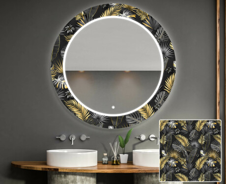 Round Decorative Mirror With LED Lighting For The Bathroom - Goldy Palm #1