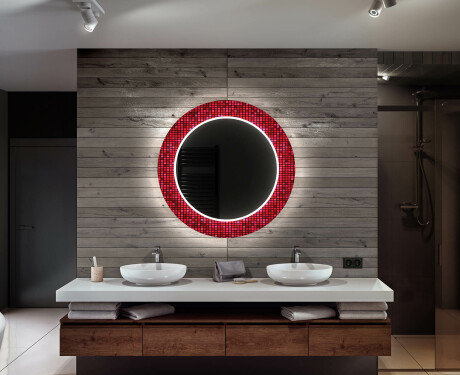 Round Decorative Mirror With LED Lighting For The Bathroom - Red Mosaic #10