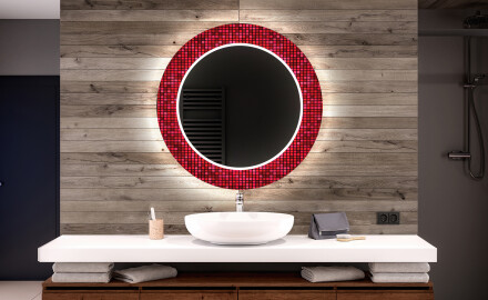 Round Decorative Mirror With LED Lighting For The Bathroom - Red Mosaic
