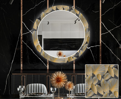 Round Backlit Decorative Mirror LED For The Dining Room - Golden Leaves