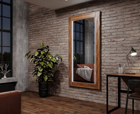 Vertical oak wooden illuminated mirror with rectangular frame and LED light L225