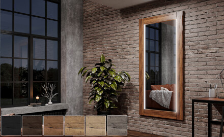 Vertical oak wooden illuminated mirror with rectangular frame and LED light L225