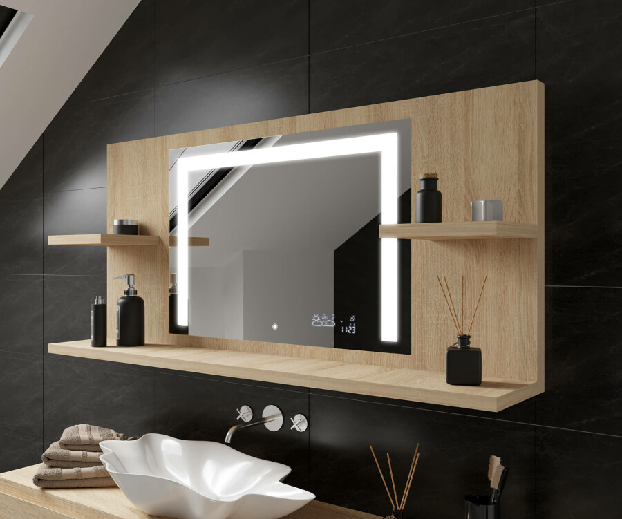 Led bathroom store mirror with shelf