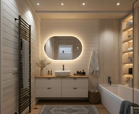 Illuminated bathroom mirror, dual color, touch switch, heating mat