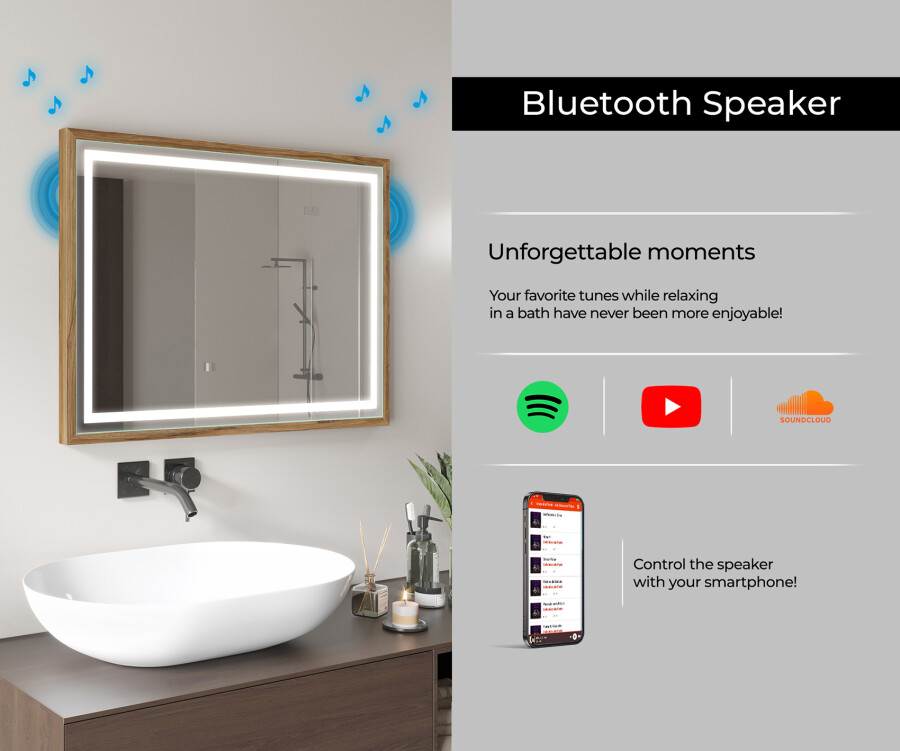Led wall mirror shop with bluetooth speakers