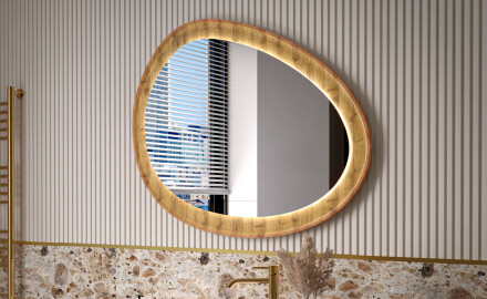 Irregular mirror in an oak frame with LED lighting