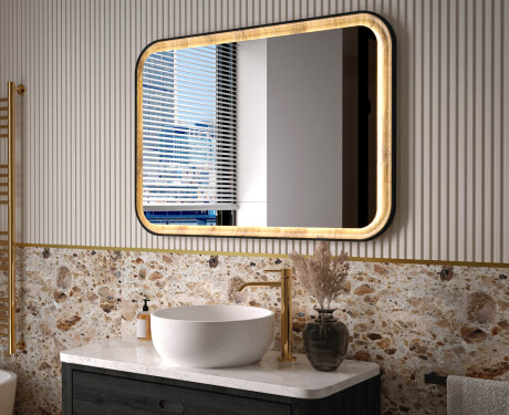 Rounded mirror in an oak frame with LED lighting