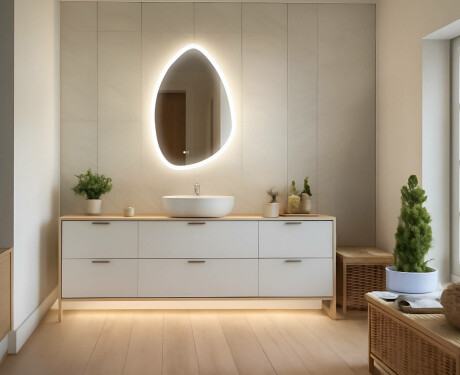 Irregular‑shaped mirror with lighting, 64×94 cm, dual color, touch switch, heating mat