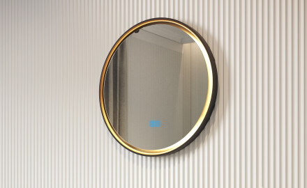 Round mirror in a metal frame with LED lighting