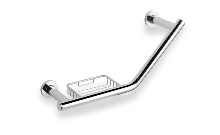 Angled bathroom towel rail, Ø25, with basket / chrome
