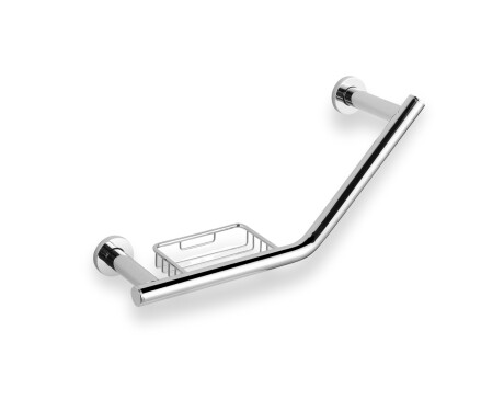 Angled bathroom towel rail, Ø25, with basket / chrome