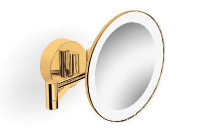 3x magnifying make-up mirror, round, with LED lighting (warm/cool colour), tiltable, double-jointed arm / glossy gold