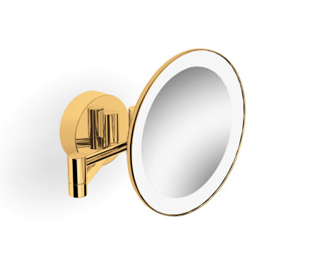 3x magnifying make-up mirror, round, with LED lighting (warm/cool colour), tiltable, double-jointed arm / glossy gold