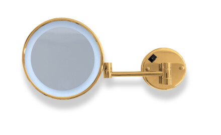 3x magnifying make-up mirror, round, with neutral-colour LED lighting, tiltable, double-jointed arm / glossy gold
