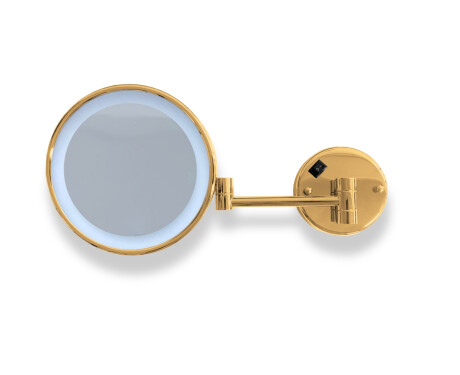 3x magnifying make-up mirror, round, with neutral-colour LED lighting, tiltable, double-jointed arm / glossy gold