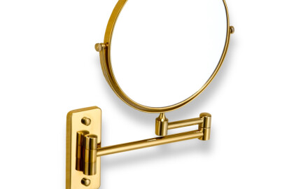 Make-up mirror – straight / 3x magnification, round, tilting, double-jointed arm / glossy gold