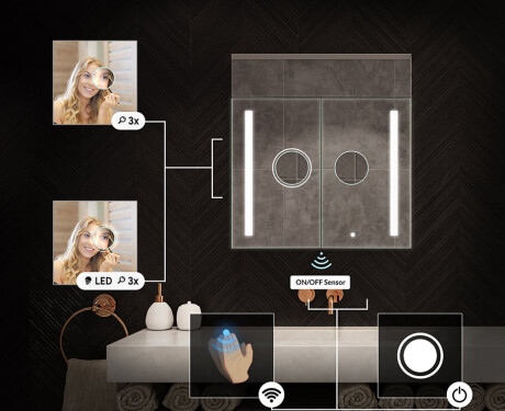 Bathroom cabinet with LED mirror L02 Emily 66.5 x 72 cm in Oslo Oak color #5