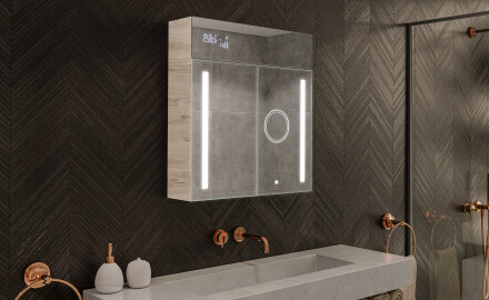 Bathroom cabinet with LED mirror L02 Emily 66.5 x 72 cm in Oslo Oak color