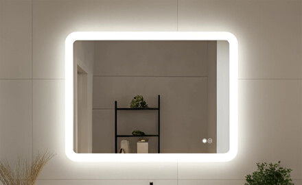 Rounded bathroom mirror with LED lighting, dual color, touch switch, heating mat
